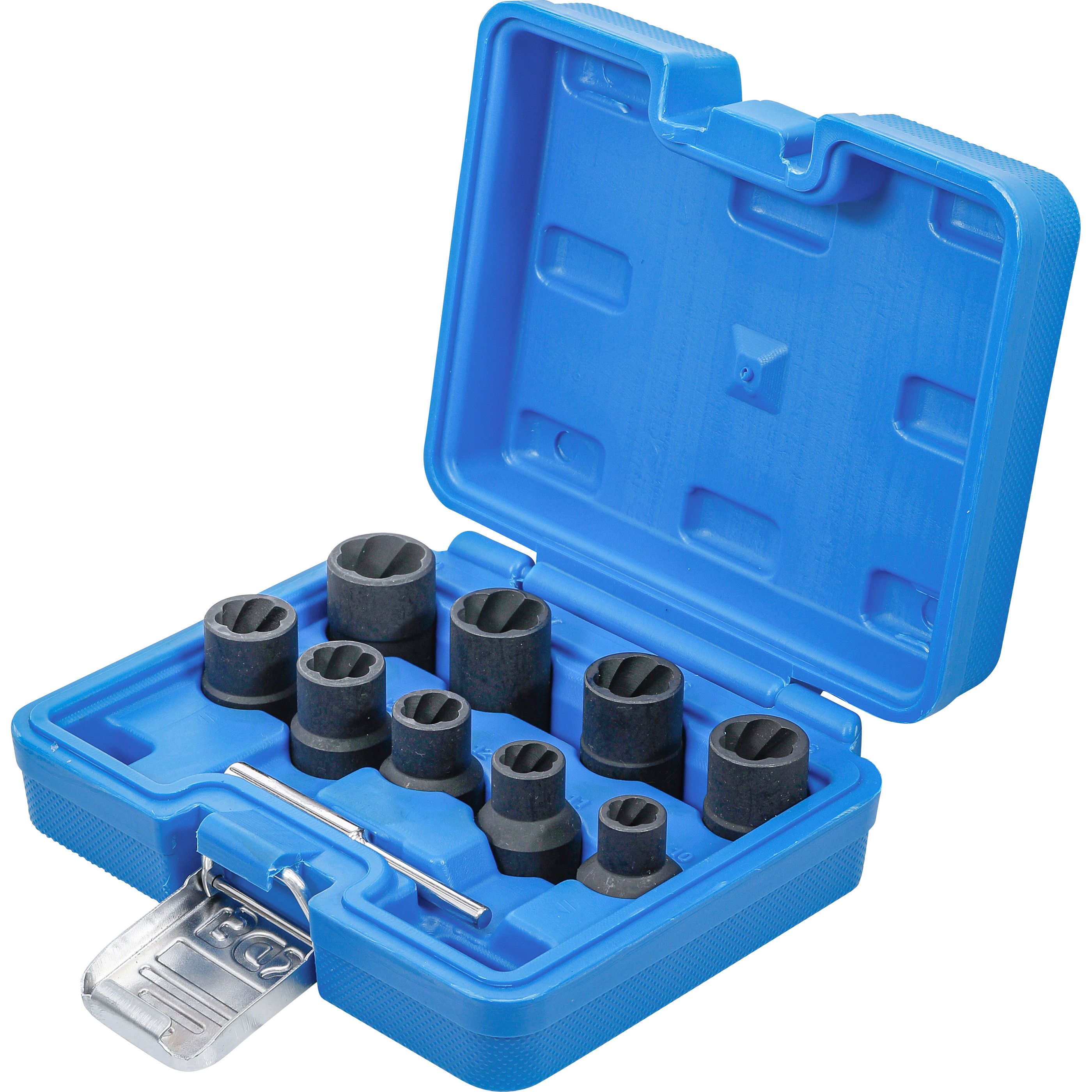 Twist socket set (spiral profile) / screw extractor, 1/2" drive, 10–19mm, 10pcs