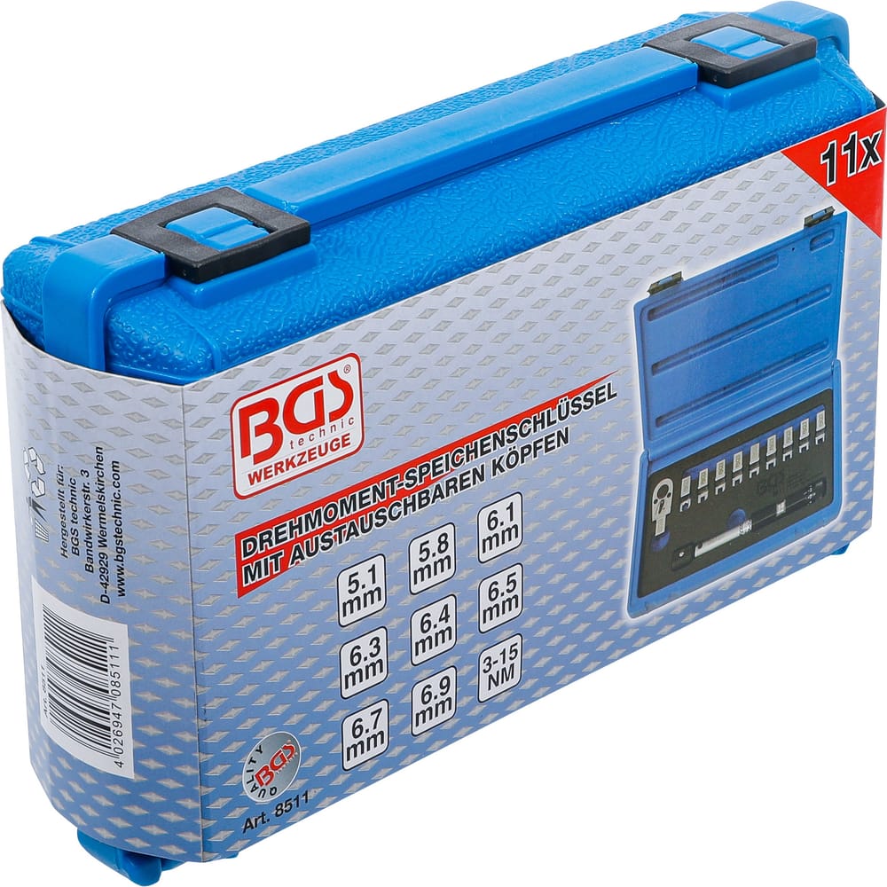 Spoke torque wrench with interchangeable heads 3-15 Nm